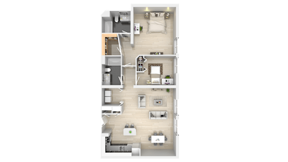 A floor plan of a house with a kitchen, living room, and two bedrooms.