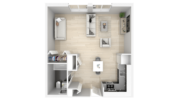 A top-down view of a small apartment layout with a kitchen, living room, and bedroom.
