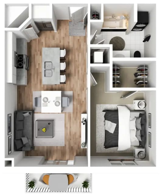 One bedroom apartment floor plan with open living area at 29South Apartments, Nebraska