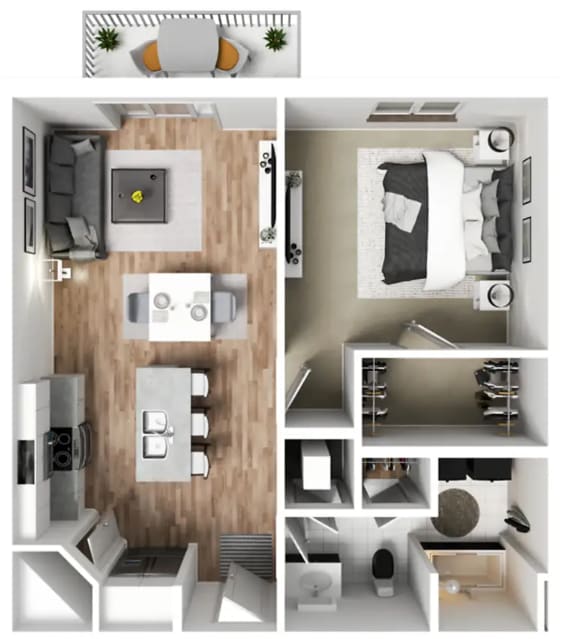 3D floor plan with one bedroom at 29South Apartments, Nebraska, 68516