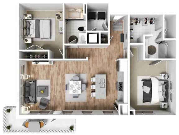3D floor plan with two bedrooms at 29South Apartments, Lincoln, 68516