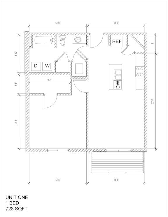 A floor plan of a 1 bedroom, 728 sqft unit with a living room, dining room, kitchen, and bathroom.