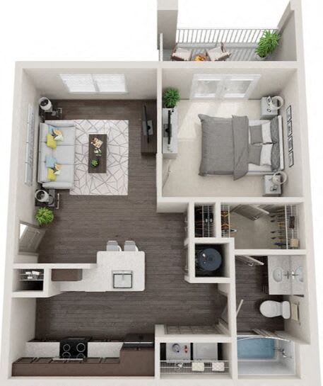 A floor plan of a small apartment with a living room, kitchen, and bathroom.