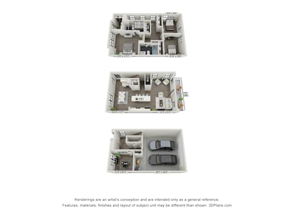 Three images of a house layout with the living room, kitchen, and bedrooms labeled.