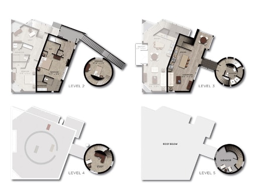 A set of five images showing architectural floor plans for levels 2, 3, 4, and 5.