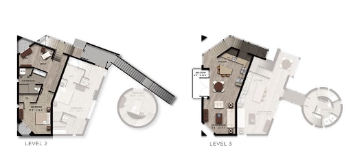 A diagram shows two levels of a building with a staircase and a circular area.