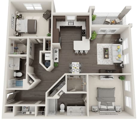 A 3D floor plan of a house with a kitchen, living room, and two bedrooms.