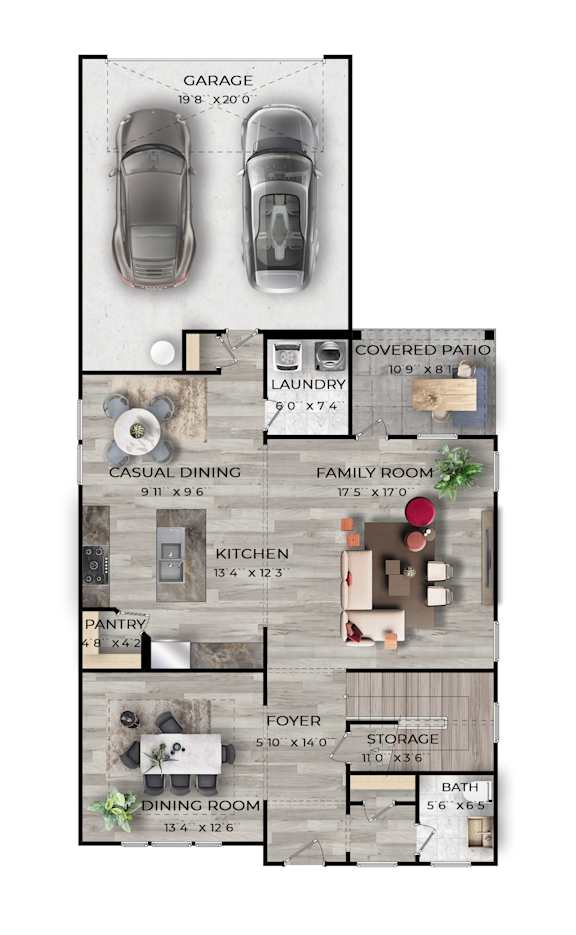 A floor plan of a house with a garage, laundry room, and a pantry.