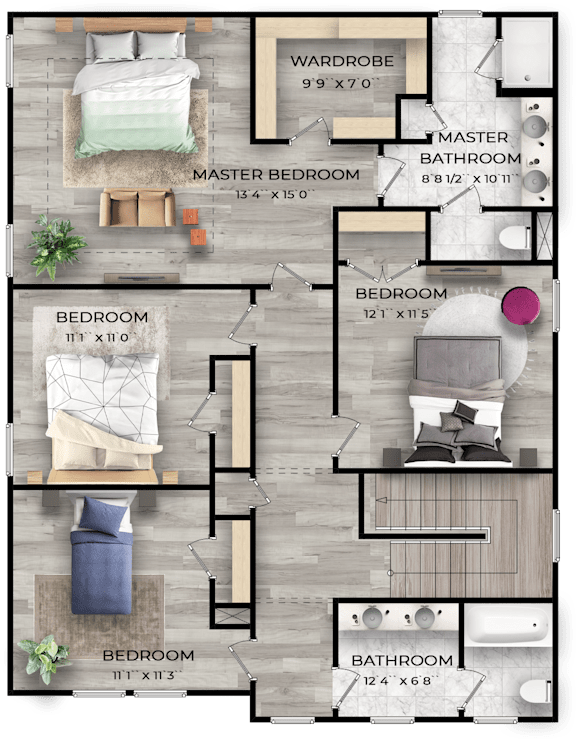 A floor plan of a house with a master bedroom, two additional bedrooms, and a master bathroom.