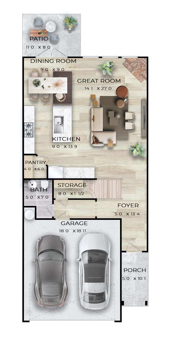 A floor plan of a house with a garage and a porch.