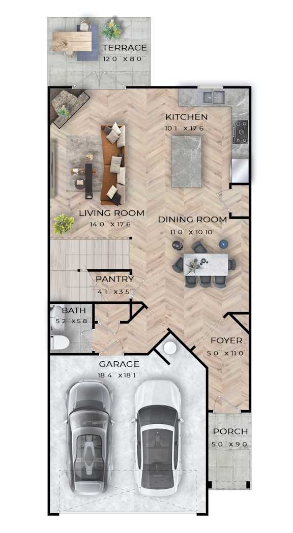 A floor plan of a house with a garage and a porch.