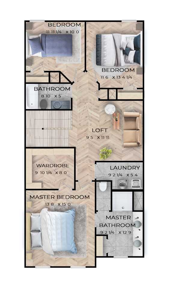 A diagram shows the layout of a house with dimensions for each room.