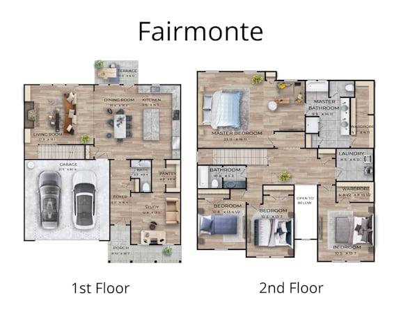 A diagram of a two-story house layout with labeled rooms.