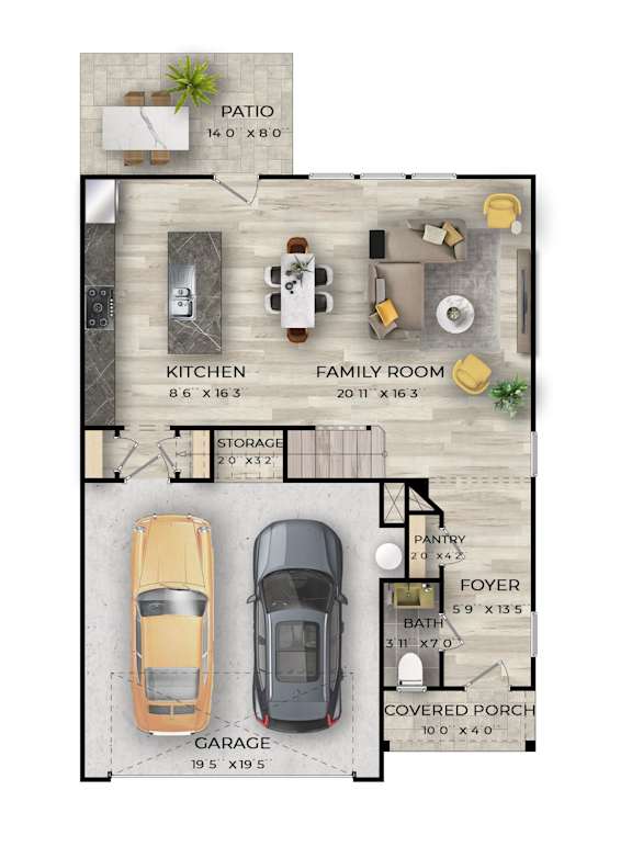 A floor plan of a house with a garage, pantry, and a covered porch.