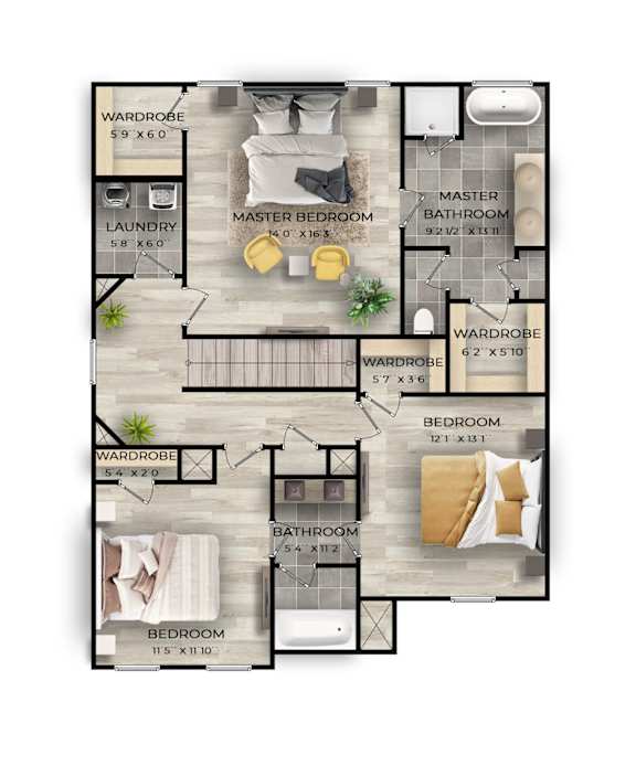 A floor plan of a house with three bedrooms, two bathrooms, a laundry room, and a master bedroom.