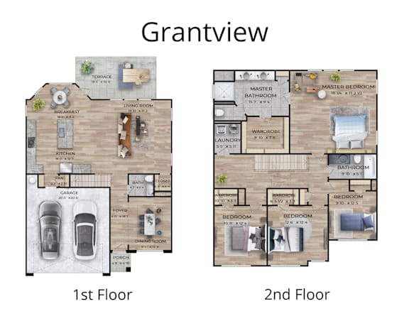 A Grantview floor plan showing a first and second floor layout.