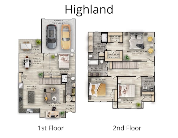 A floor plan of a two-story house named Highland.