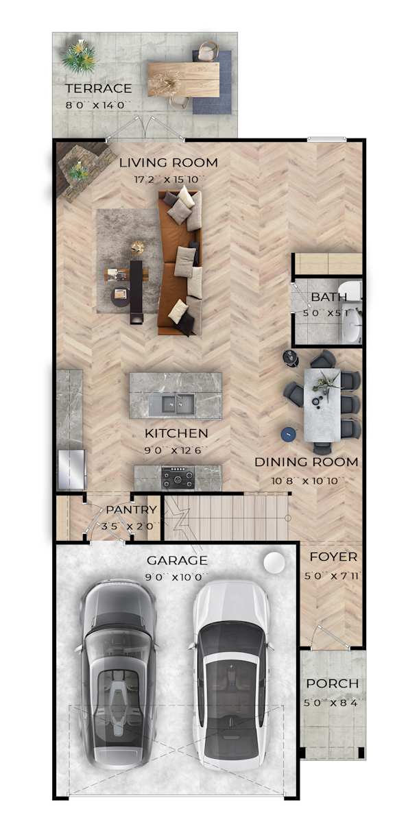 A floor plan of a house with a living room, kitchen, dining room, bath, terrace, pantry, garage, and foyer.