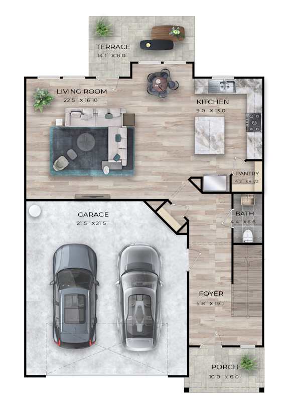 A floor plan of a house with a living room, kitchen, pantry, bathroom, foyer, terrace, and garage.