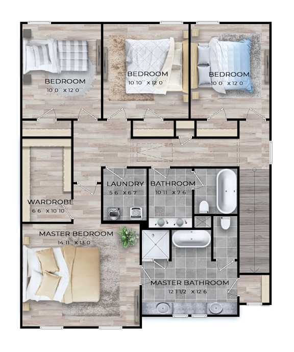 A floor plan of a house with three bedrooms, a laundry room, a bathroom, a wardrobe, and a master bedroom and bathroom.