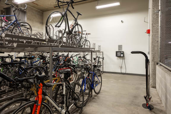 Rack full of bikes in a garage at The Madison at Racine, Illinois