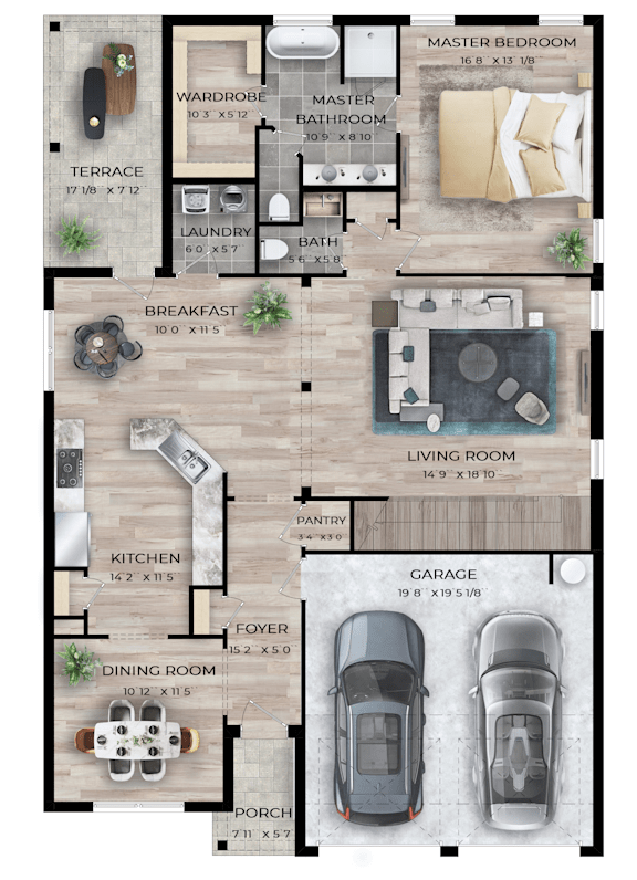 A floor plan of a house with a master bedroom, living room, kitchen, and garage.