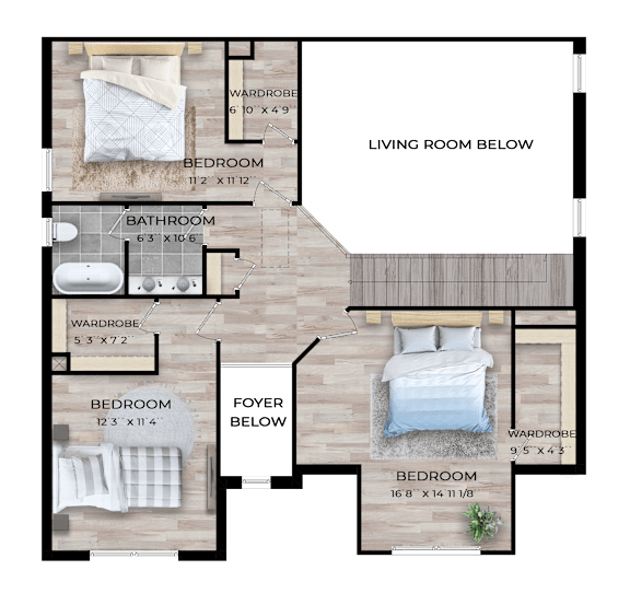 A floor plan of a house with two bedrooms, a bathroom, a living room, and a foyer.