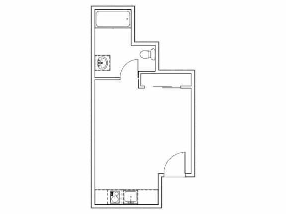 a floor plan of a small room with a bed and a radiator