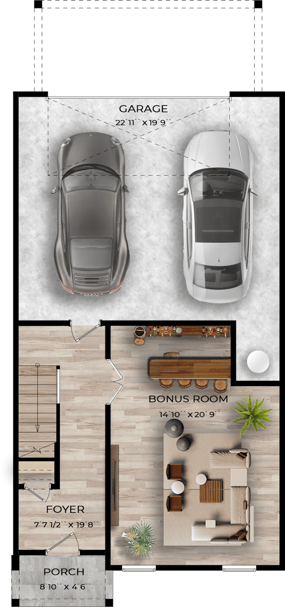 A floor plan shows a garage, bonus room, foyer, and porch.
