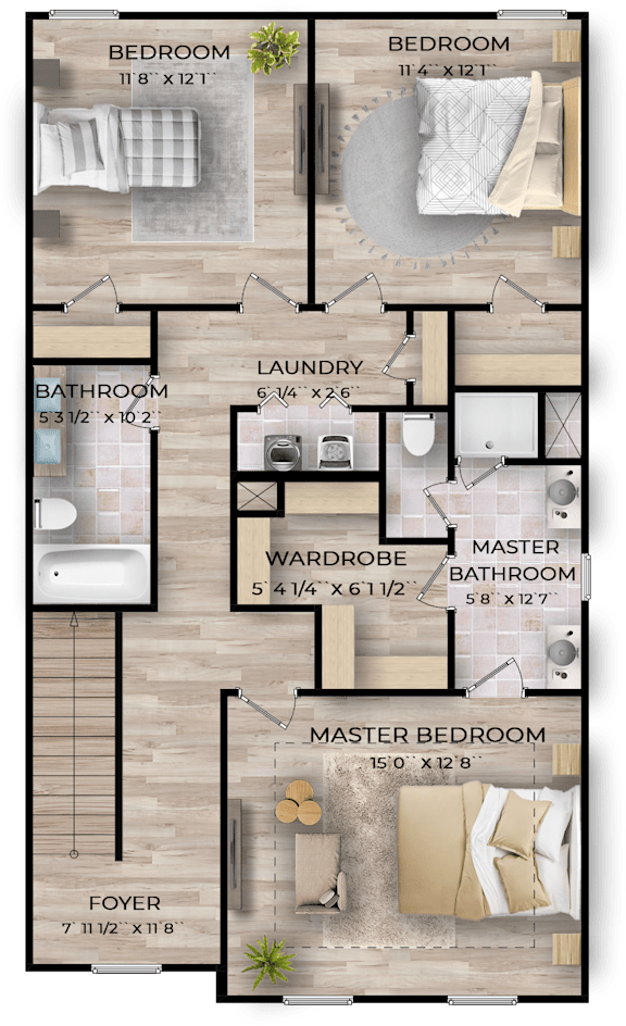 A floor plan of a house with a laundry room, two bedrooms, a bathroom, a wardrobe, a master bathroom, and a foyer.
