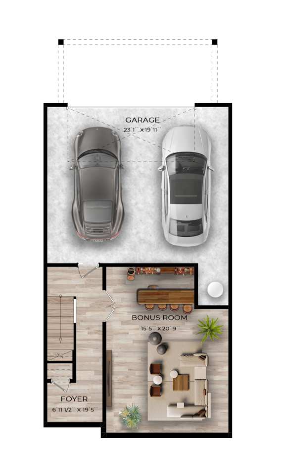 A floor plan of a garage with two cars, a bonus room, and a foyer.