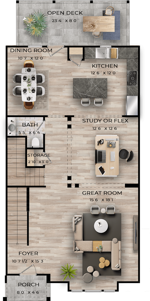 A floor plan of a house with a dining room, kitchen, study, and open deck.