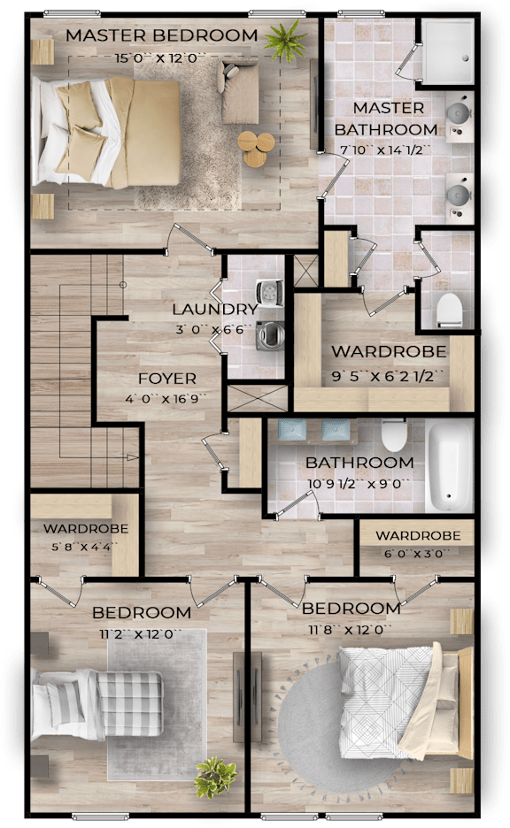 A floor plan of a house with a master bedroom, laundry room, and bathrooms.