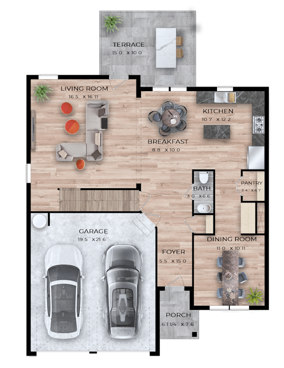 A floor plan of a house with a living room, kitchen, dining room, and garage.