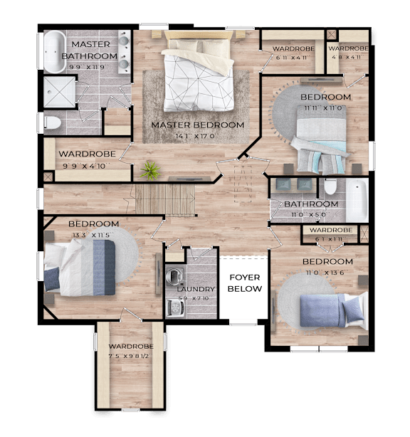 A floor plan of an apartment with two master bedrooms, two bathrooms, and a foyer.