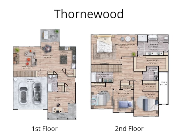 A diagram of a two-story house layout with labeled rooms.