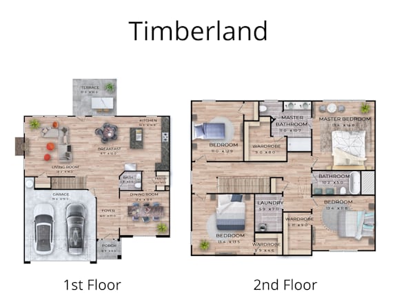 A diagram of a Timberland floor plan with two bedrooms and two bathrooms.