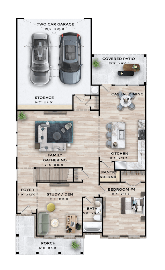 A floor plan of a house with a two car garage, family gathering room, kitchen, pantry, and several bedrooms.