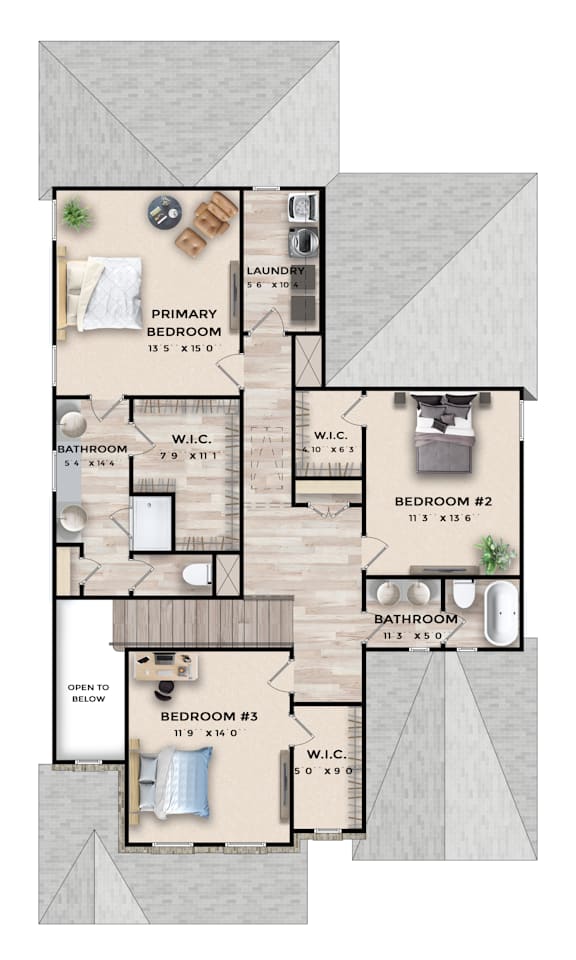 A floor plan of a house with three bedrooms and two bathrooms.