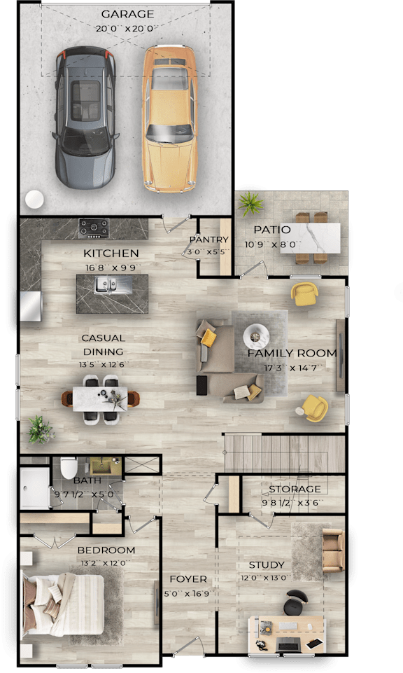 A floor plan of a house with a garage, kitchen, dining room, family room, study, bedroom, and bathroom.