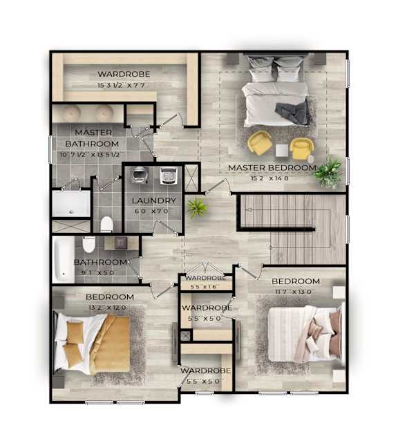 A floor plan of a house showing the layout of the bedrooms and bathrooms.