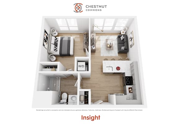 A floor plan of a Chestnut Commons apartment with a living room, kitchen, and two bedrooms.