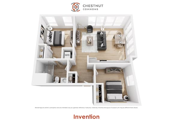 A floor plan of a Chestnut Commons apartment with a living room, kitchen, and two bedrooms.