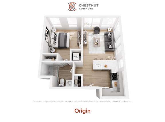A white floor plan of a two-bedroom apartment from Chestnut Commons.