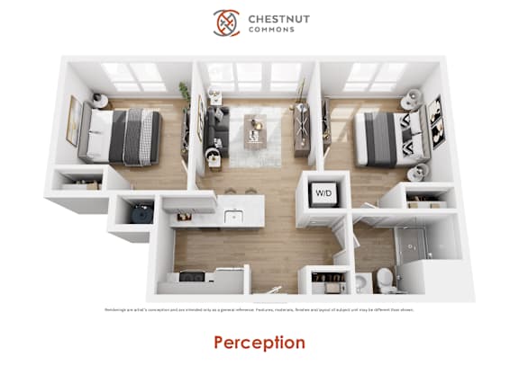 A brochure for Chestnut Commons shows a floor plan for a two-bedroom apartment.