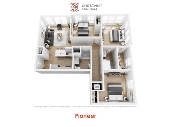 A white floor plan of a Chestnut Commons apartment with the word Pioneer underneath.