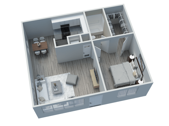 a 3d floor plan of a small apartment