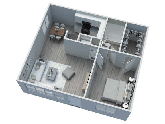 a 3d floor plan of a small apartment