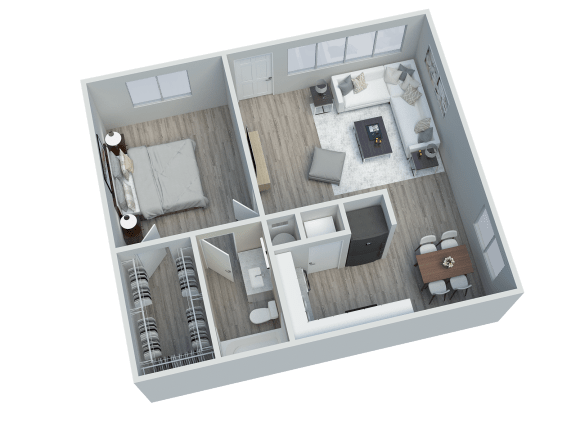 a 3d floor plan of a small apartment