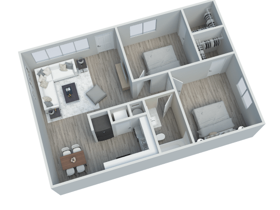 a 3d floor plan of a small apartment